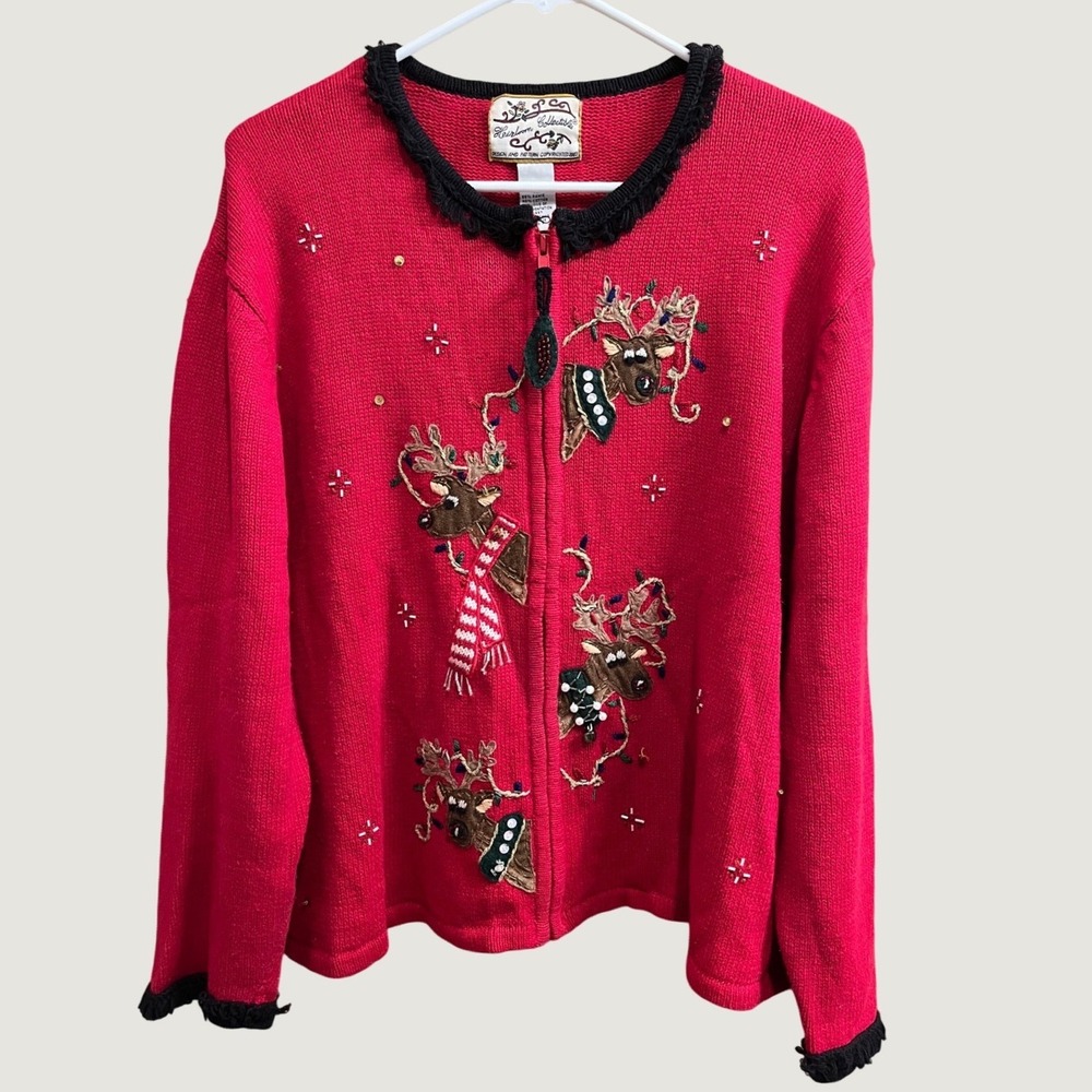 Tiara International Christmas Cardigan Womens XL Red Reindeer Zip Vintage 2003